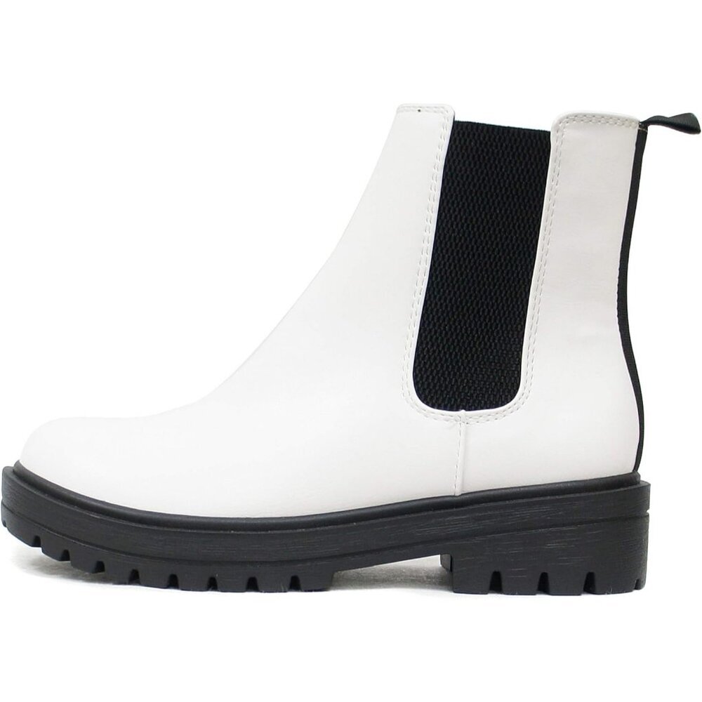 Women White Lug Sole Low Chunky Heel Chelsea Double Elastic Gore Ankle Booties